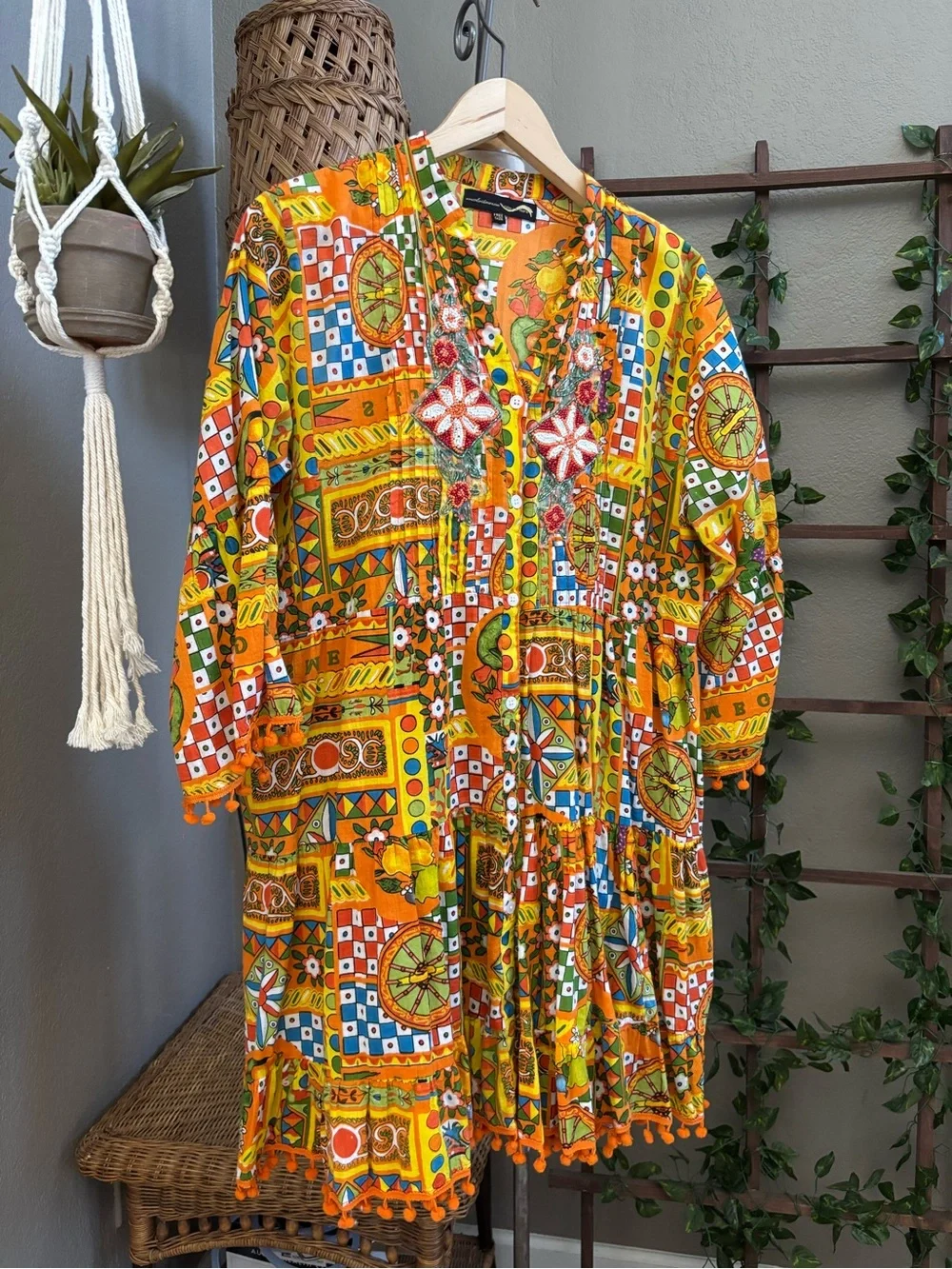 Colori Di Mare Majolica Print Embellished Mini Dress Boho Tassel Hem Tunic - Picture 5 of 13